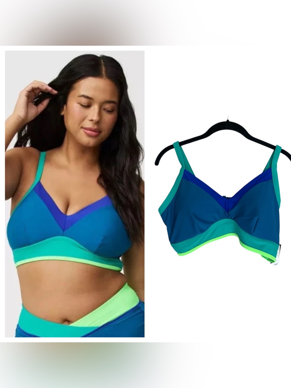 NWT Torrid wire free color blocked triangle bikini top blue green sz 2 swim